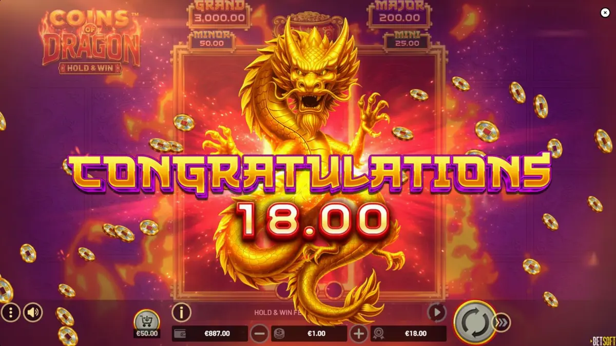 Tampilan visual slot Coins of Dragon – Hold & Win dengan naga emas yang megah